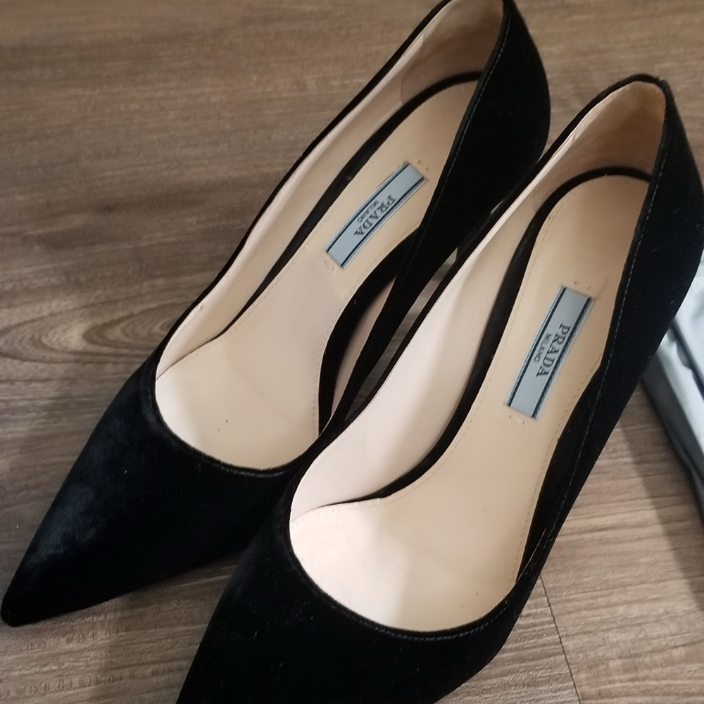 Prada Black Velvet Pointed-Toe Pumps with Cream Interior